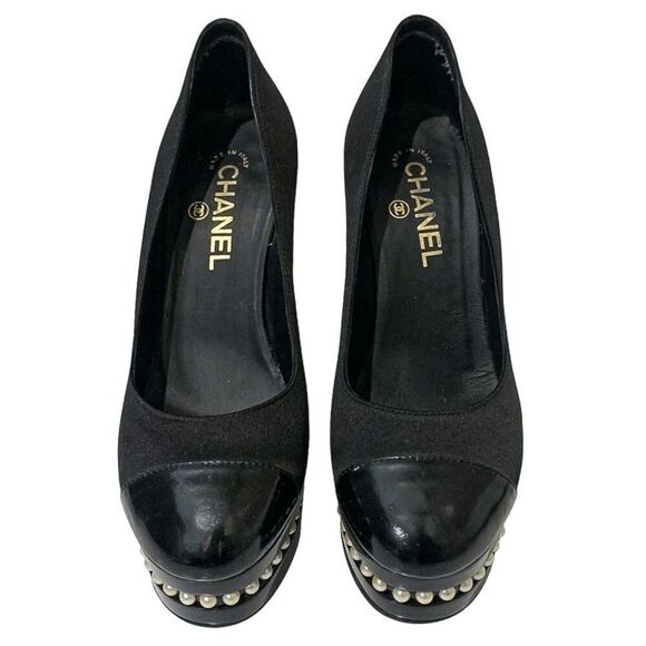 Chanel Pearl Platform Pumps Size 37.5 US 6.5-7 Black Satin Cap Toe High Heels - Picture 2 of 14